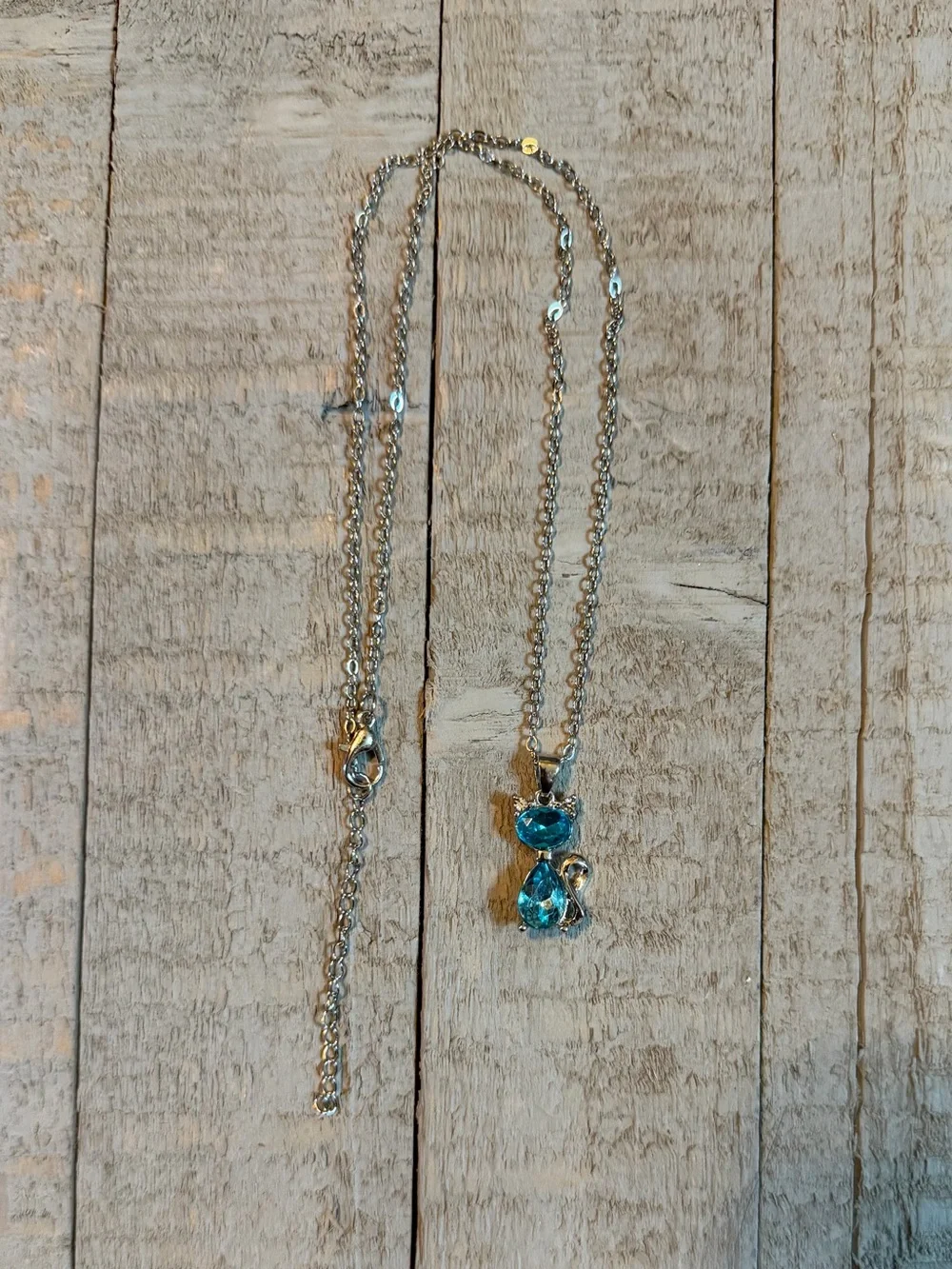 17” silvertone Cat Necklace w/blue Glass Inlay